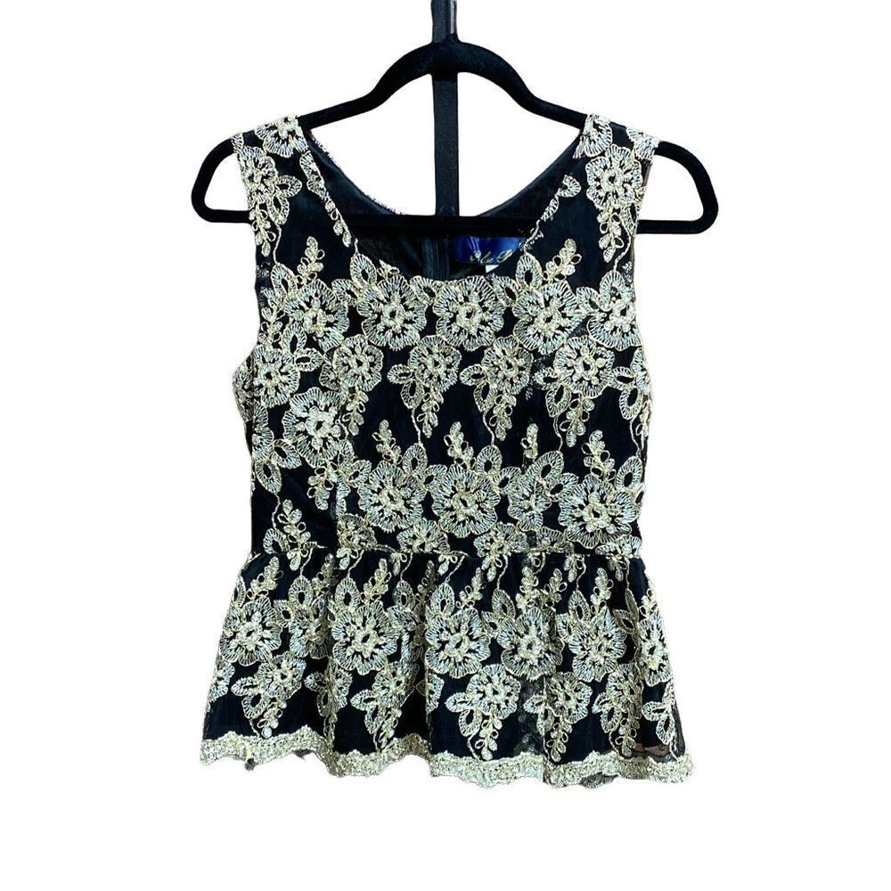 Blue Rain Black & Gold Embroidered Peplum Top Size Medium